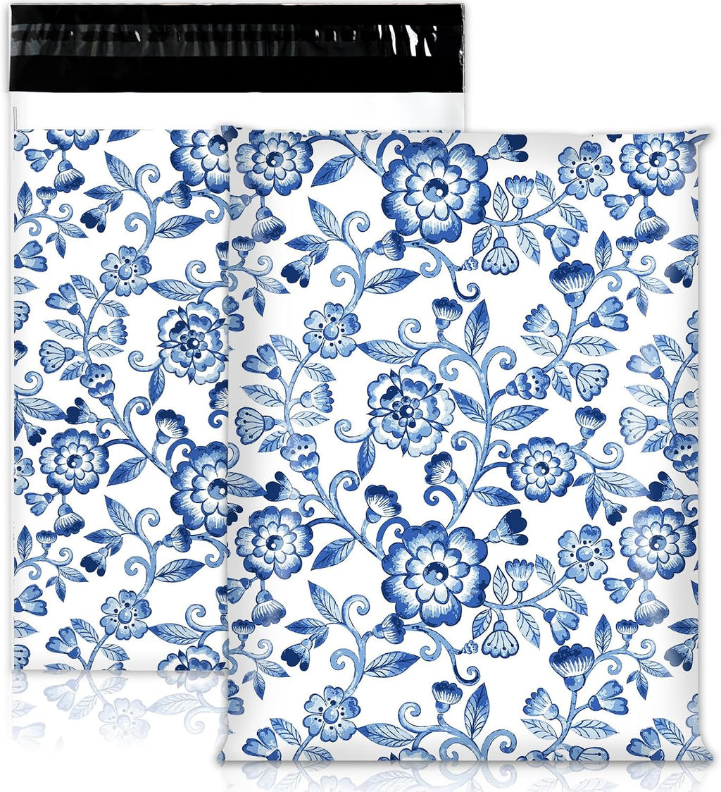 100Pcs Blue White Floral Poly Mailers 10 x 13 Inch Vintage Flower Envelope Mailers Bulk Chinoiserie Self-Sealing