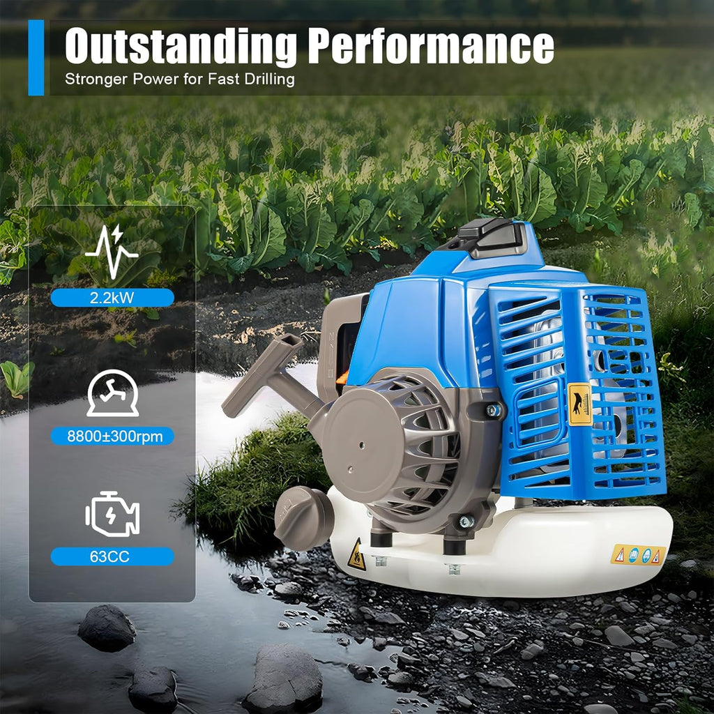63CC 2-Stroke Post Hole Digger, 3HP Gas Powered Earth Auger Borer Ground Drill Gasoline Earth Auger Wheelbarrow with