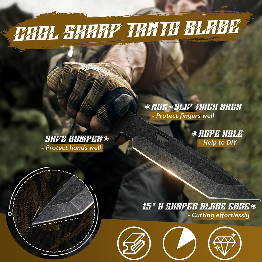 Tactical Knife Kydex - D2 Steel Outdoor Knife with Sheath | Brown G10 Full Tang Handle for Outdoor Survival Camping