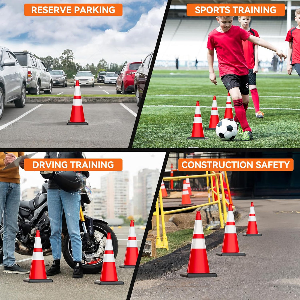 (Pack of 6 Sets) CJ Safety 28" inch Orange Delineator Post Cone with 7 lbs. Rubber Base Heavy Duty, 3M Reflective