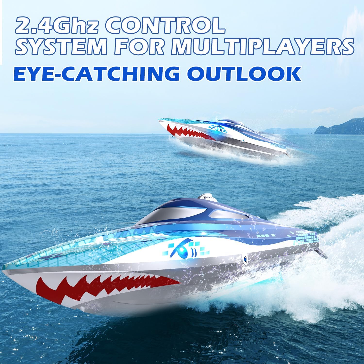 High-Speed RC Boat, 20+ MPH, Fast Remote Control Shark Racing Boat | Full Proportional, 2.4GHz Speedboat with LED