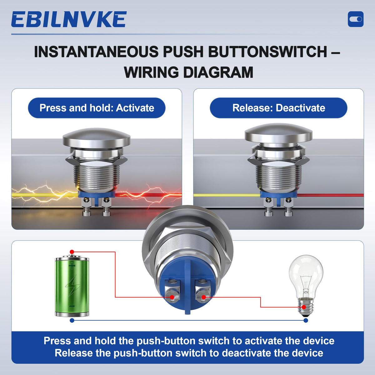 EBILNVKE 22mm Mushroom Head Momentary Push Button Switch, SPST 1NO