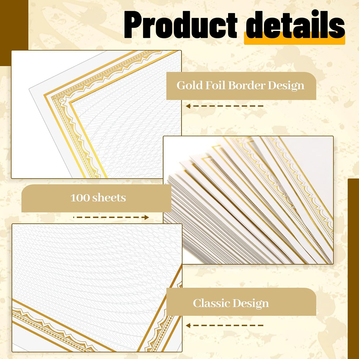 100 Sheet Foil Border Certificate Paper 8.5 x 11 Inch for Printing Blank Customizable Award Certificates Paper for