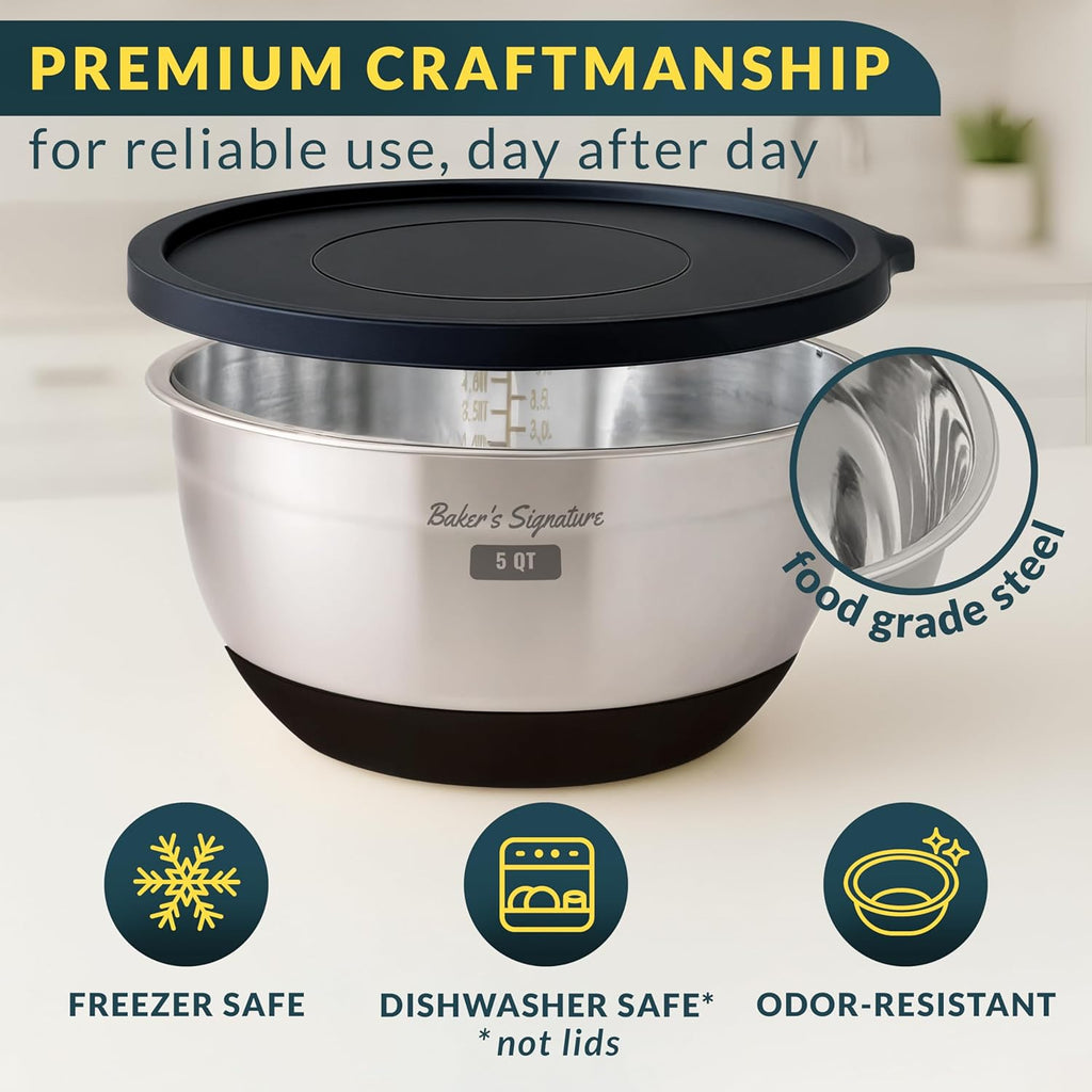 Stainless Steel Mixing Bowls with Lids Set, 5 Sizes, 3 Graters, Non-Slip Base, Airtight Lids, Metal Mixing Bowls for