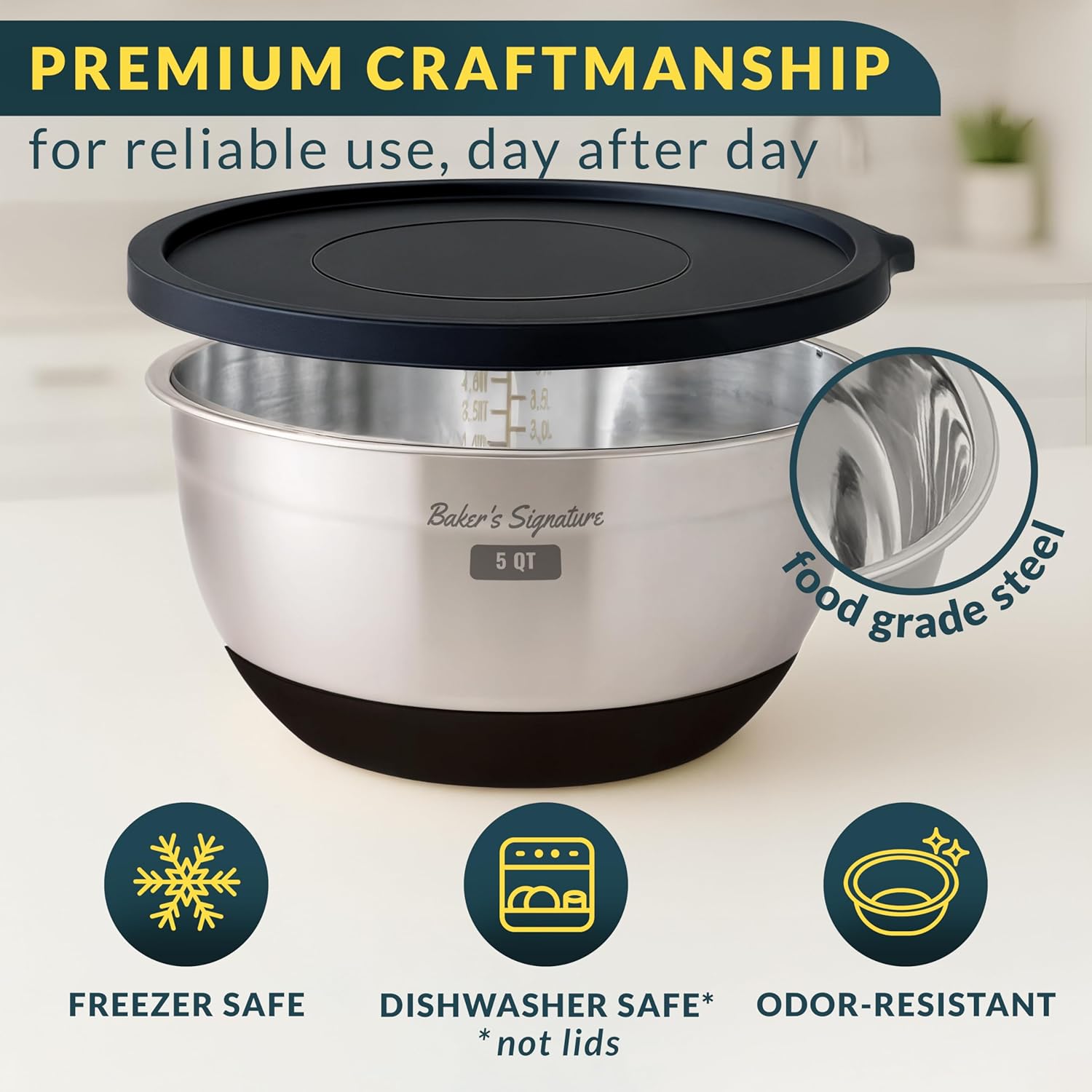 Stainless Steel Mixing Bowls with Lids Set, 5 Sizes, 3 Graters, Non-Slip Base, Airtight Lids, Metal Mixing Bowls for