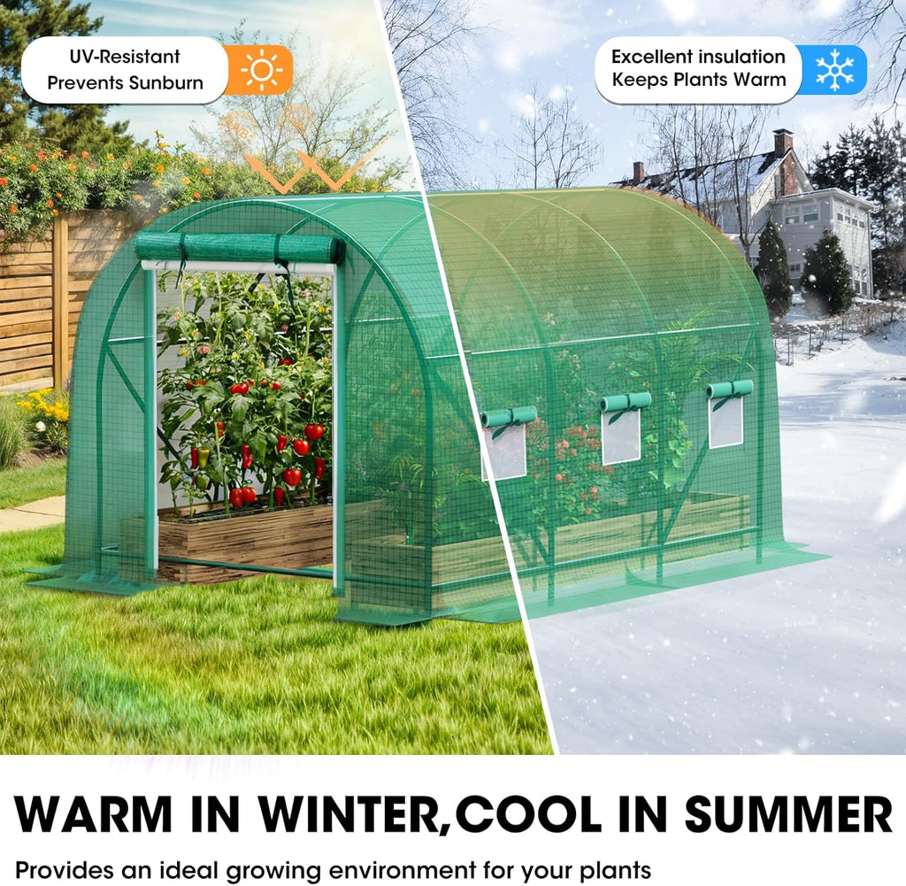 Walk-in Greenhouse Upgraded Green House with Zippered Screen Doors & 6 Screen Windows Heavy Duty Plastic Plant Warm