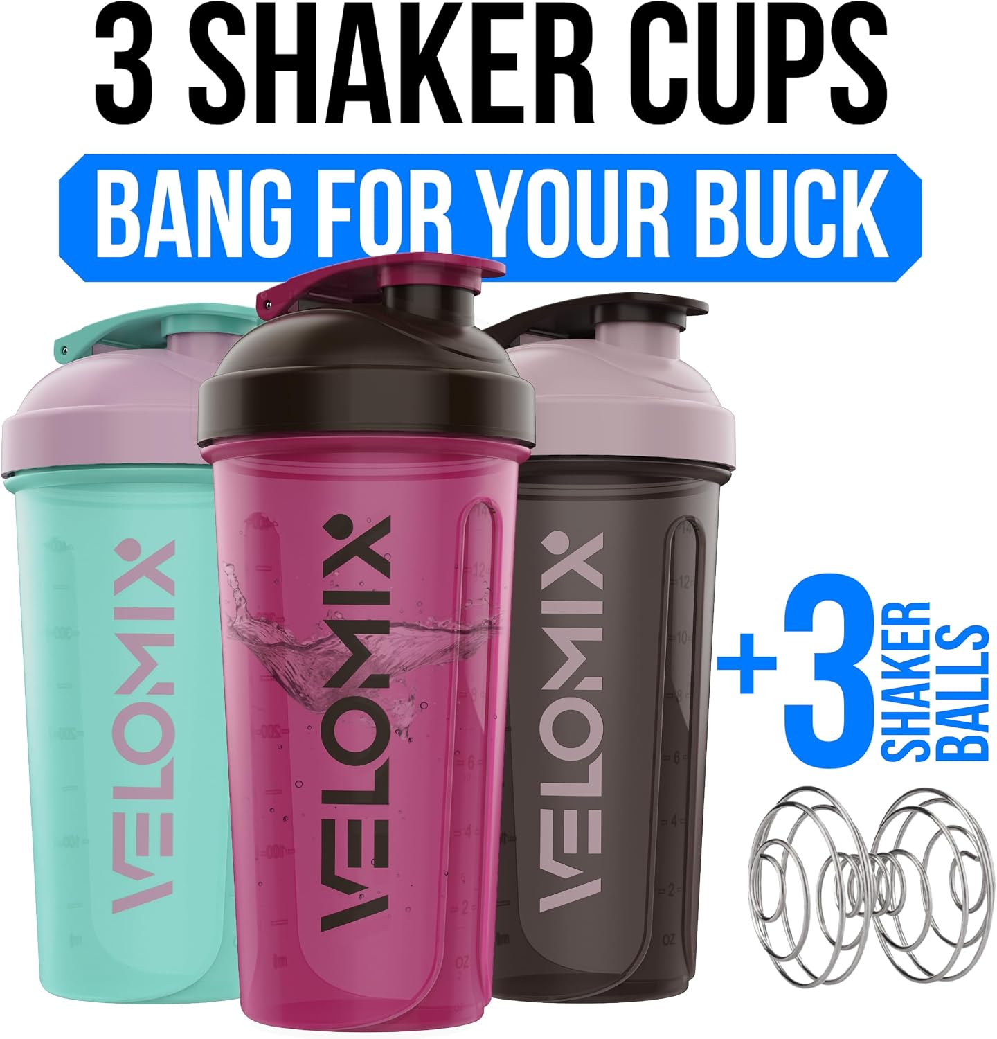 3 Pack 14oz Protein Shaker Bottle for Protein Mixes, Mixed Colors | 3x Wire Whisk, Leak Proof Shaker Cups for Protein