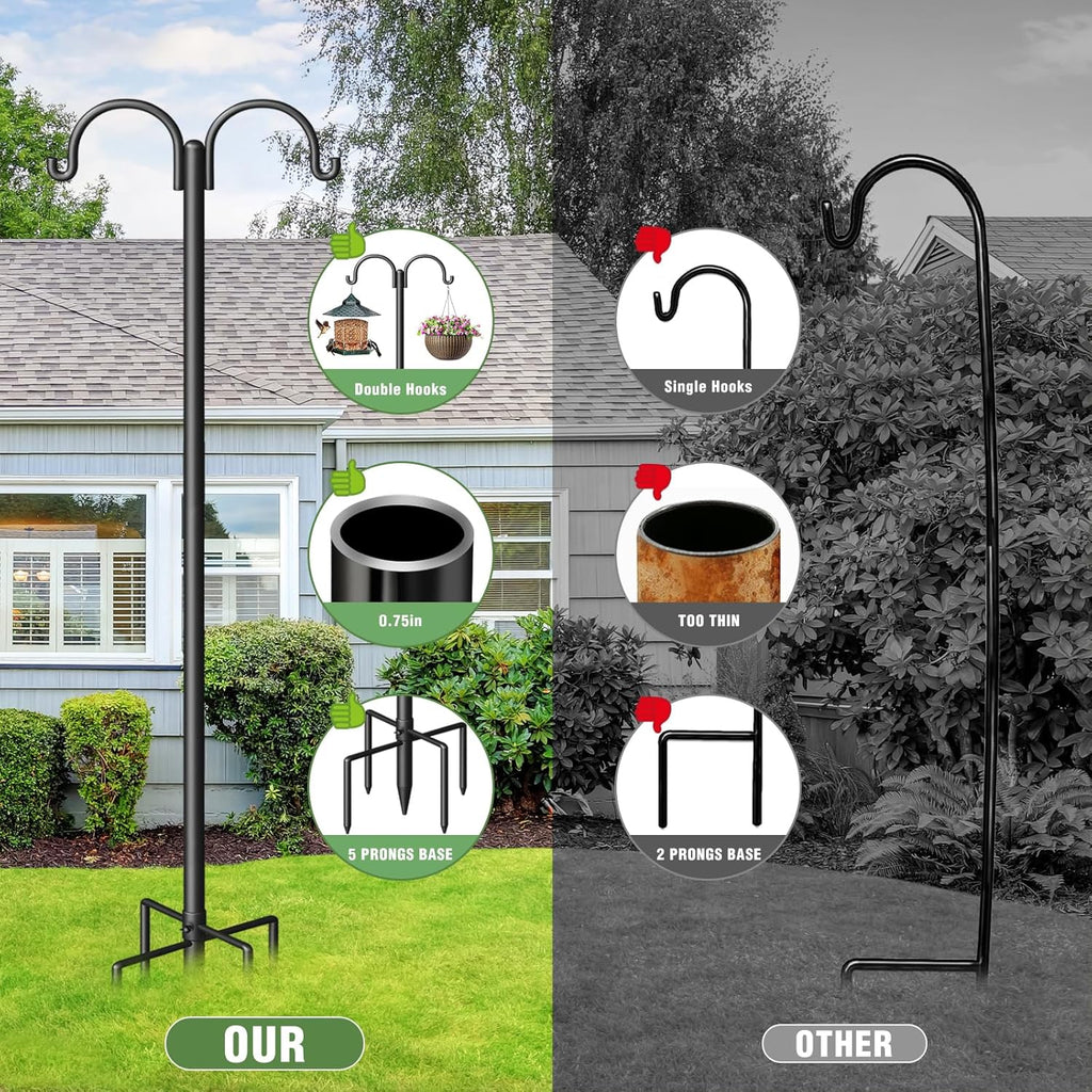 Double Shepherds Hooks for Outdoor, Heavy Duty Bird Feeder Pole with 5-Prong Base - Rust-Proof, Adjustable Bird