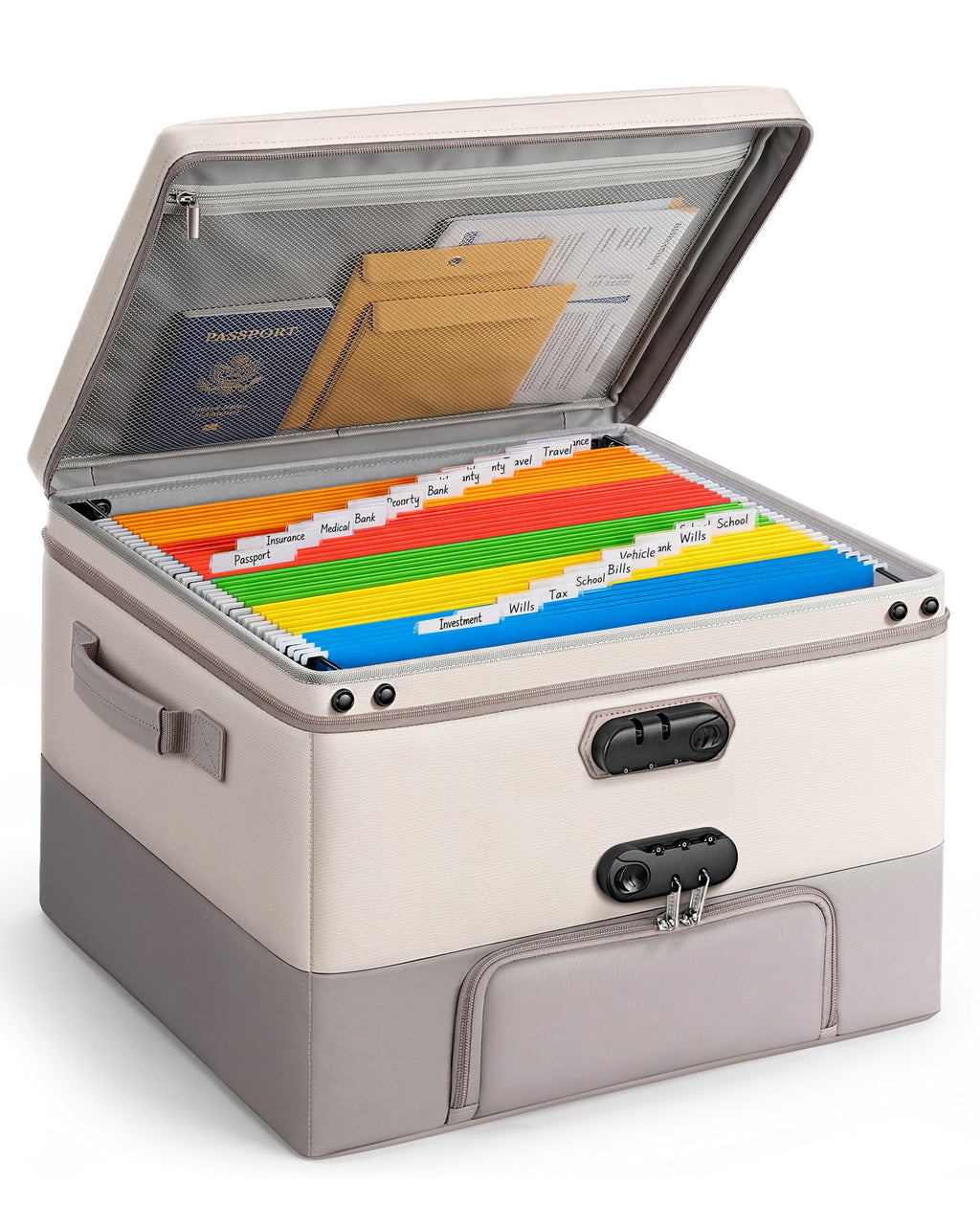 Fireproof Document Box with 2 Locks, 10 Hanging File Folders