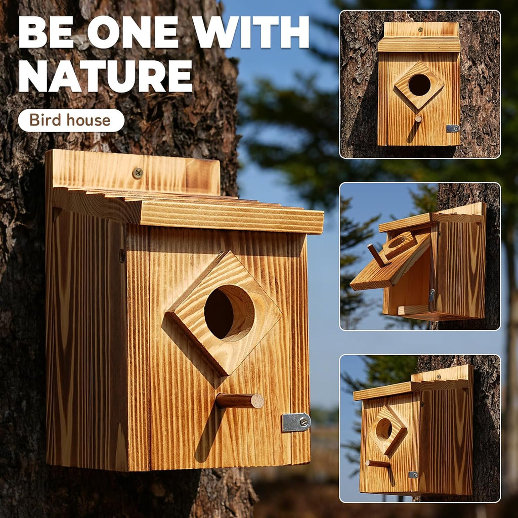 Waterproof Wooden Blue Bird House, Weather-Treated Bird Box for Outdoors