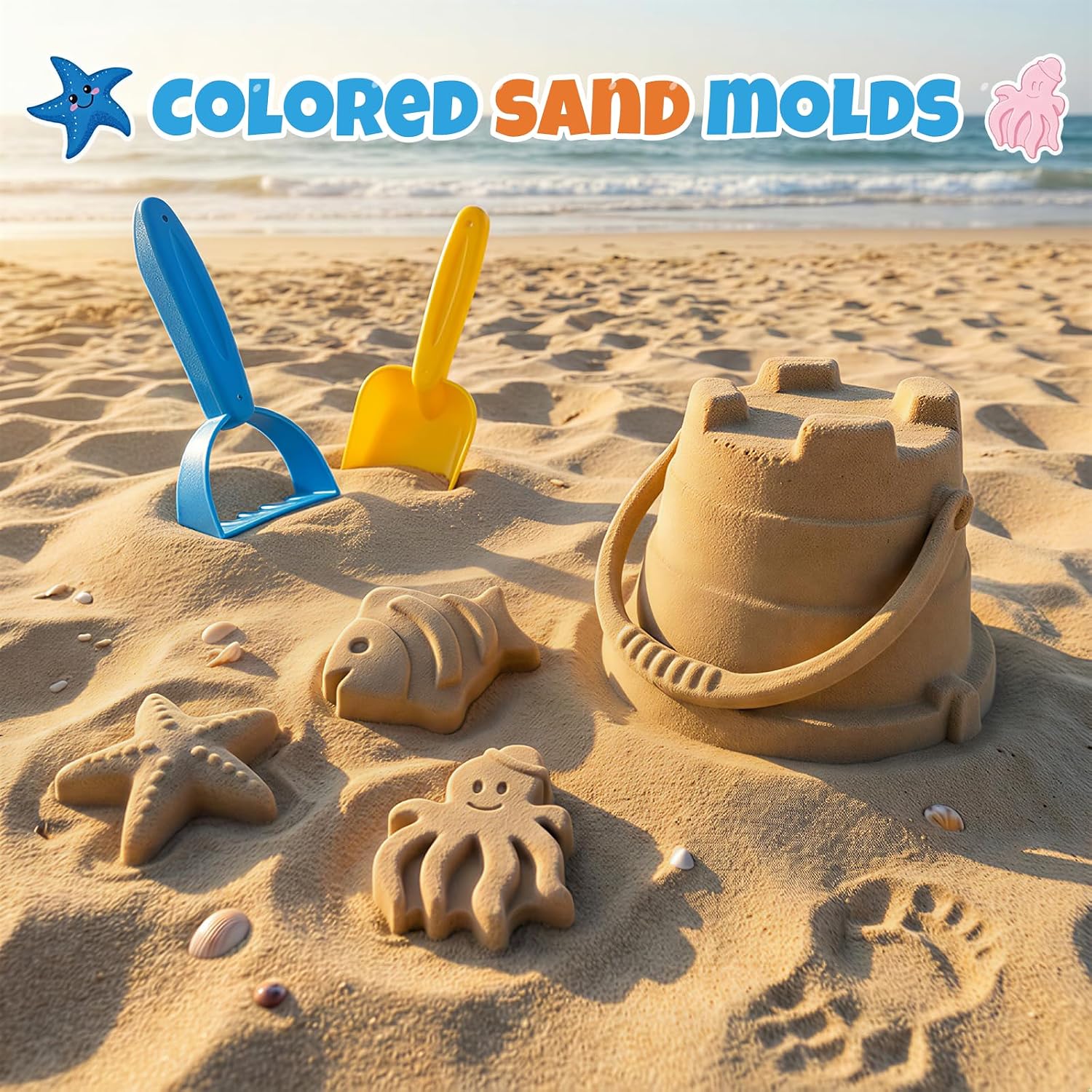 Beach Sand Toys Set for Toddlers, Portable Travel Beach Toys with Collapsible Bucket, Shovel, Rake, 3 Molds & Mesh