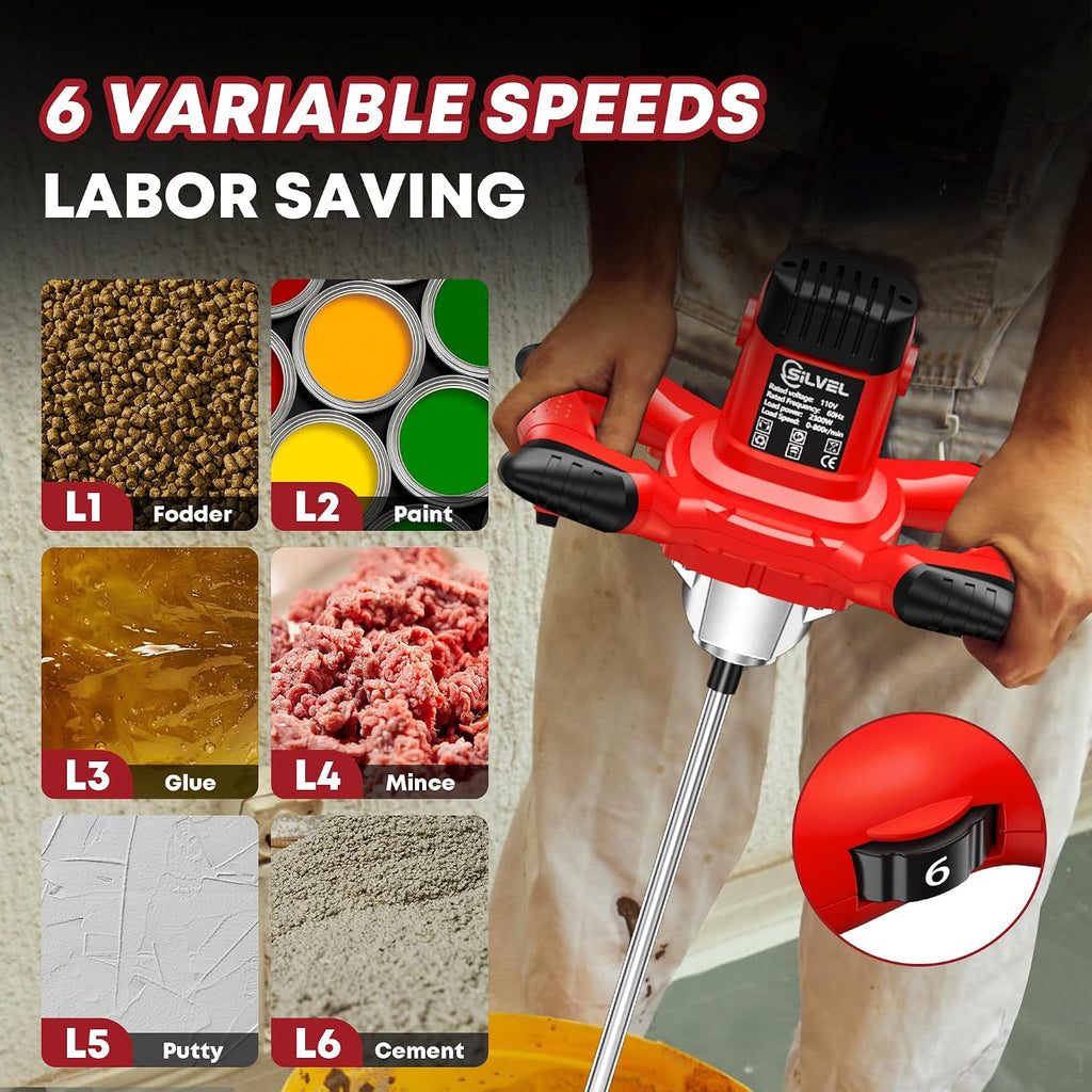 Cement Mixer, Max 2300W Electric Concrete Mixer with 6 Adjustable Speeds, Portable Mortar Mixer, 110V Handheld Mud