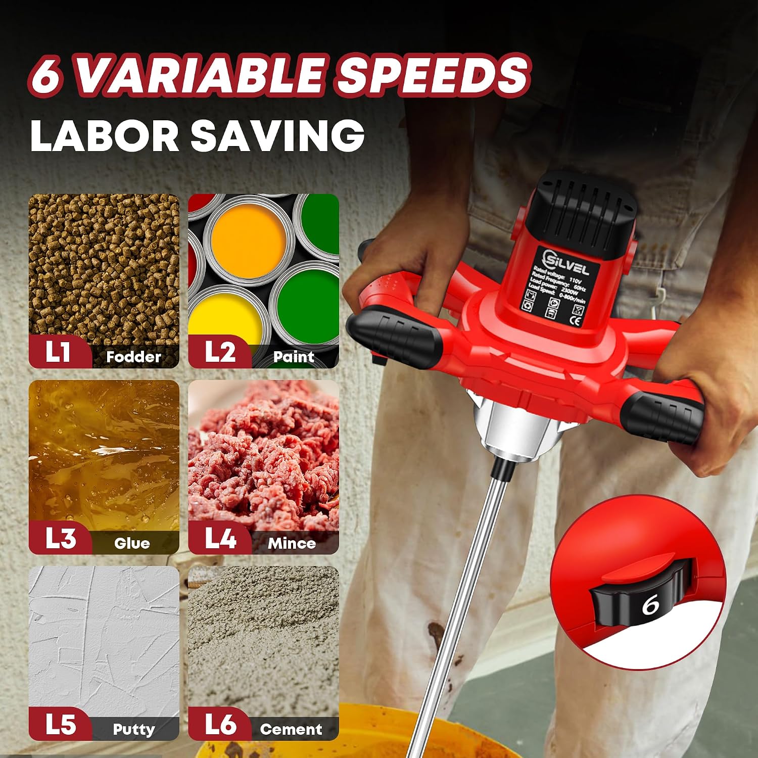 Cement Mixer, Max 2300W Electric Concrete Mixer with 6 Adjustable Speeds, Portable Mortar Mixer, 110V Handheld Mud