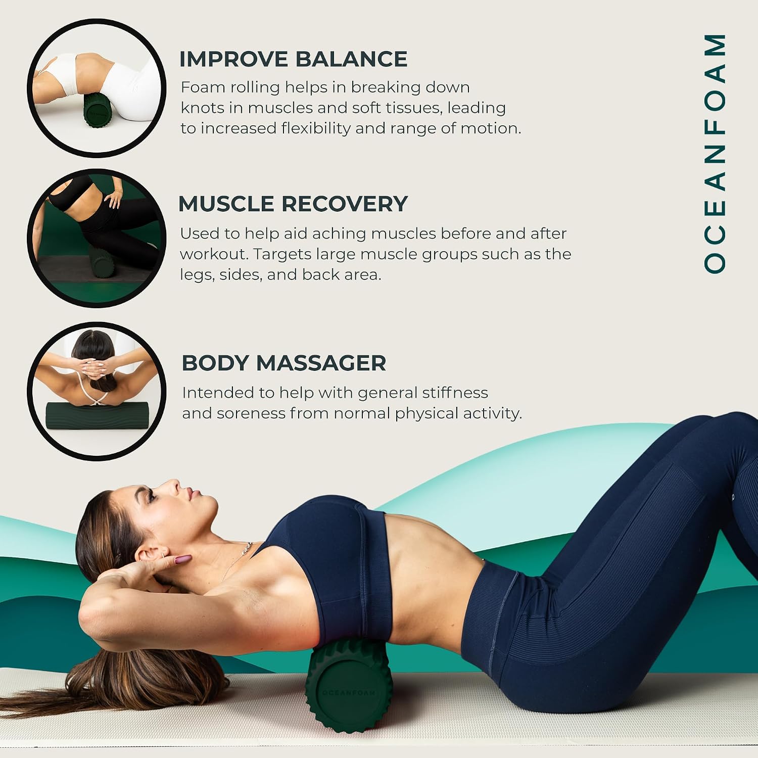 Tidal Roller - Hunter - Muscle Massage Foam Roller for Back Pain & Stretching - Firm and Ergonomic Wide Wave Textured