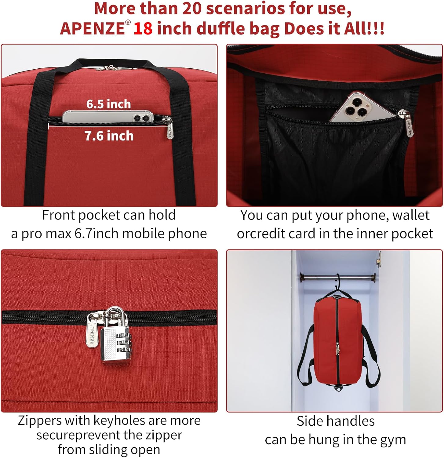 Small Gym Bag 18 inch Carry On Duffel Bag for Weekender Travel - Red