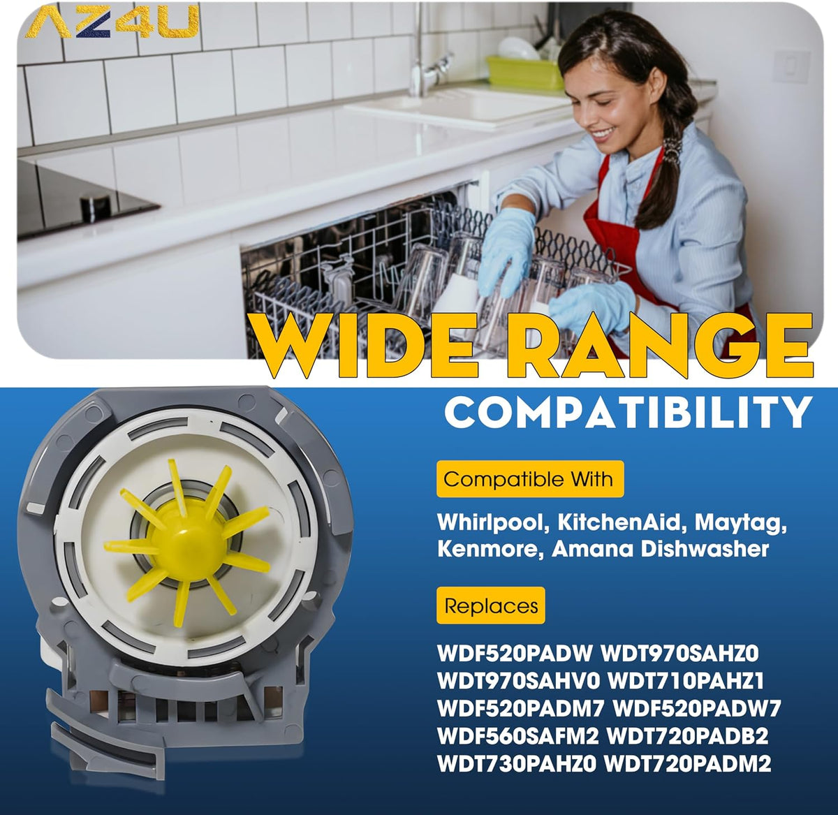 AZ4U Dishwasher Drain Pump Motor For Whirlpool WDF520PADW WDF560SAFM2