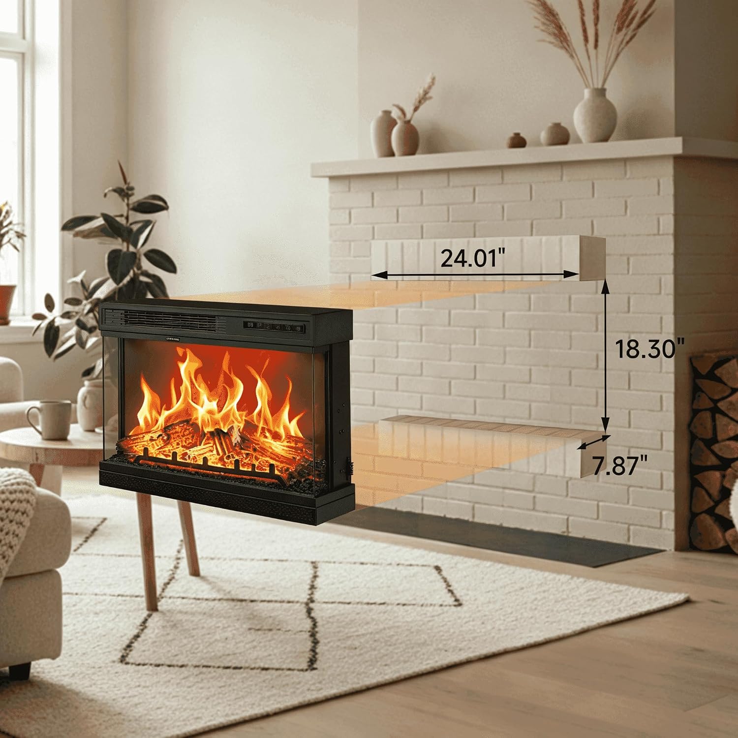24 inch Electric Fireplace Insert, Modern 3-Sided Recessed/Wall Mount Fireplace with 12 Realistic Adjustable Flame