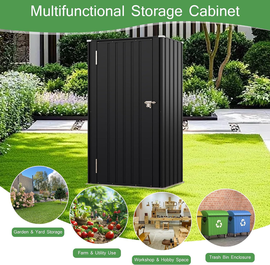 22 Cuft Vertical Storage Shed Without Adjustable Shelves, Black | Metal Tool Garden Outdoor Storage Cabinet with