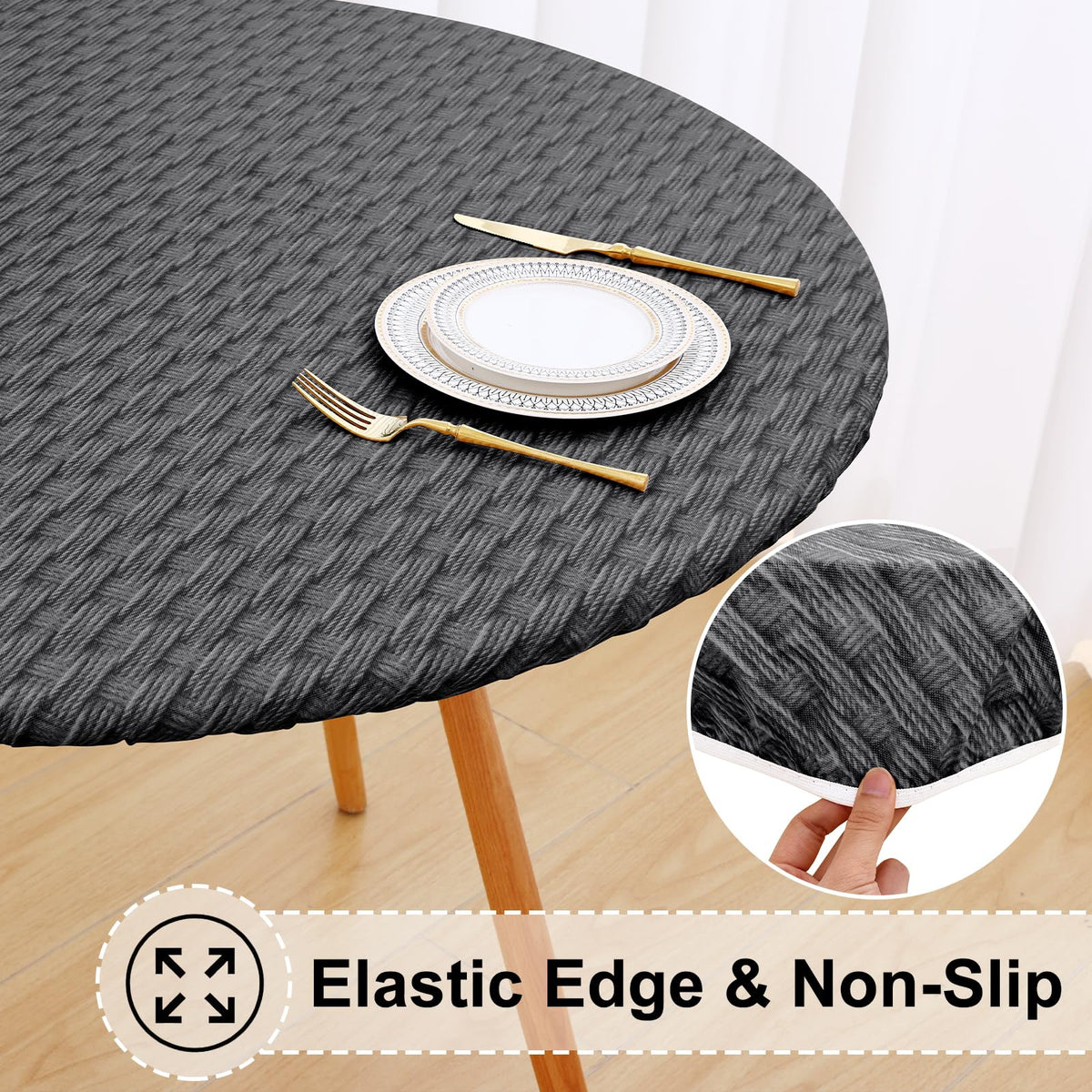 Round Fitted Vinyl Flannel Backed Tablecloth with Elastic Edge