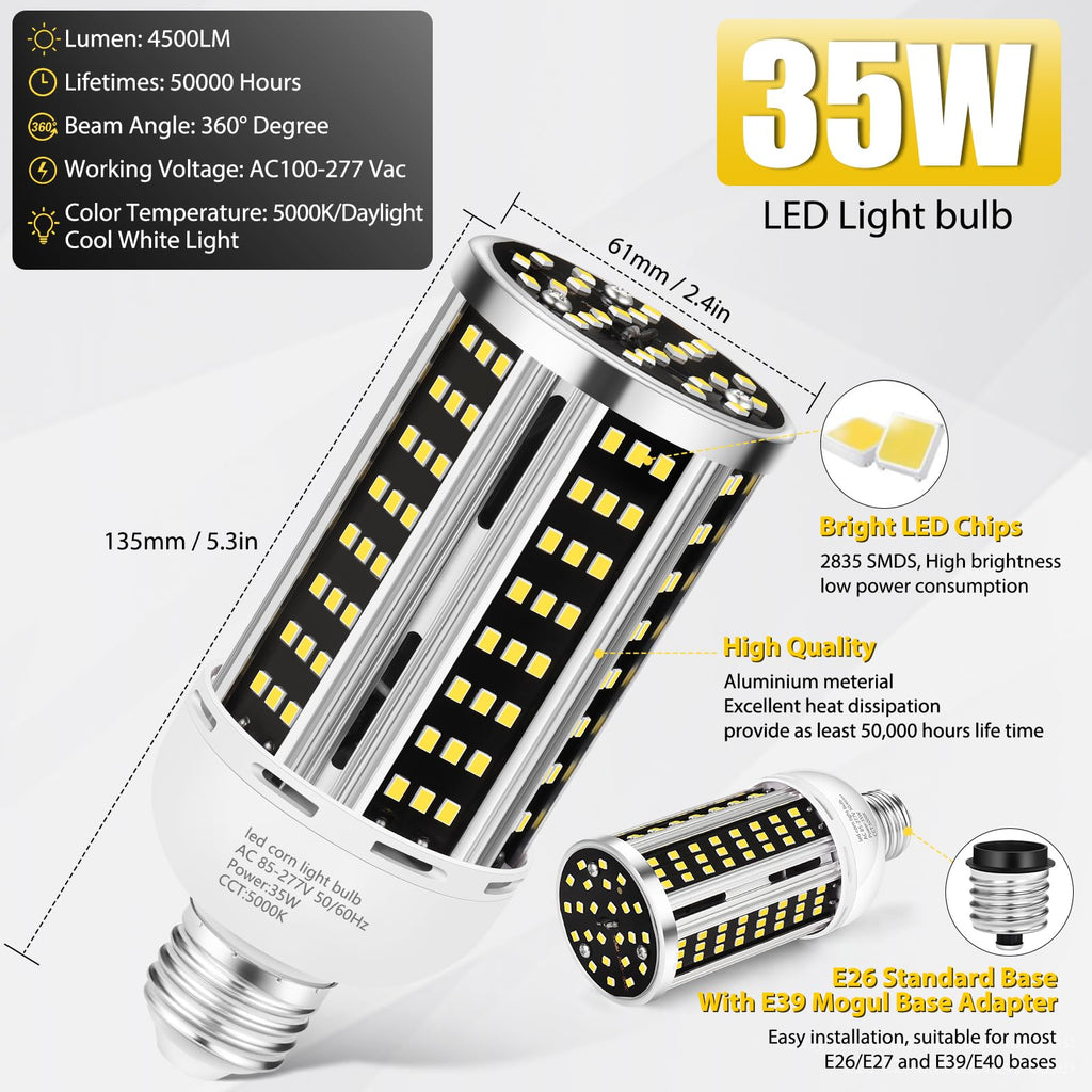 35W 6 pack LED Corn Light Bulb,(300W Equivalent ) Commercial Grade Daylight 5000K E26/E39 5000LM Medium Mogul Base