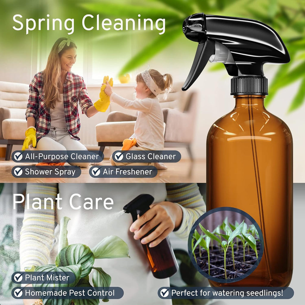 Amber Glass Spray Bottles 2 Pack, 16 oz Refillable Empty Spray Bottle for Cleaning, Essential Oils, Hair, Plants
