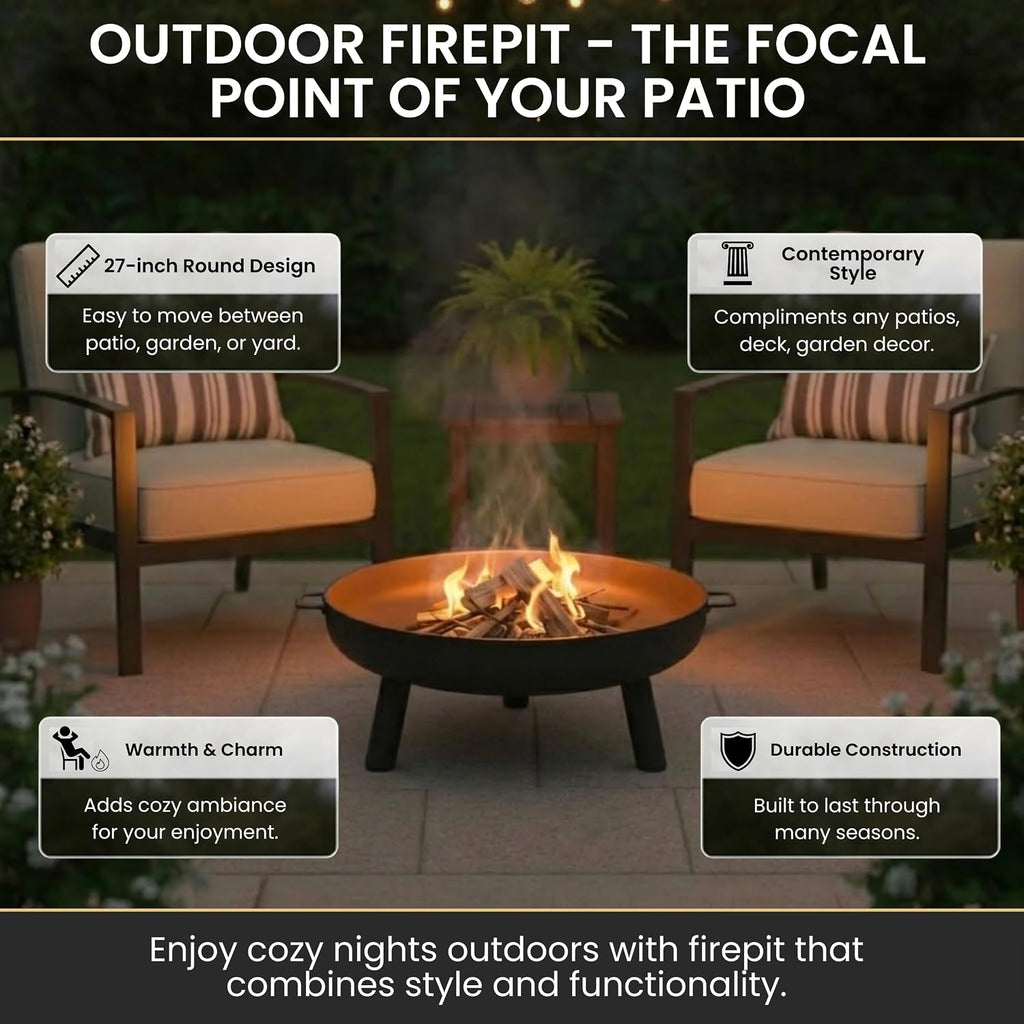 Outdoor Fire Pit, Black, 27.5-Inch