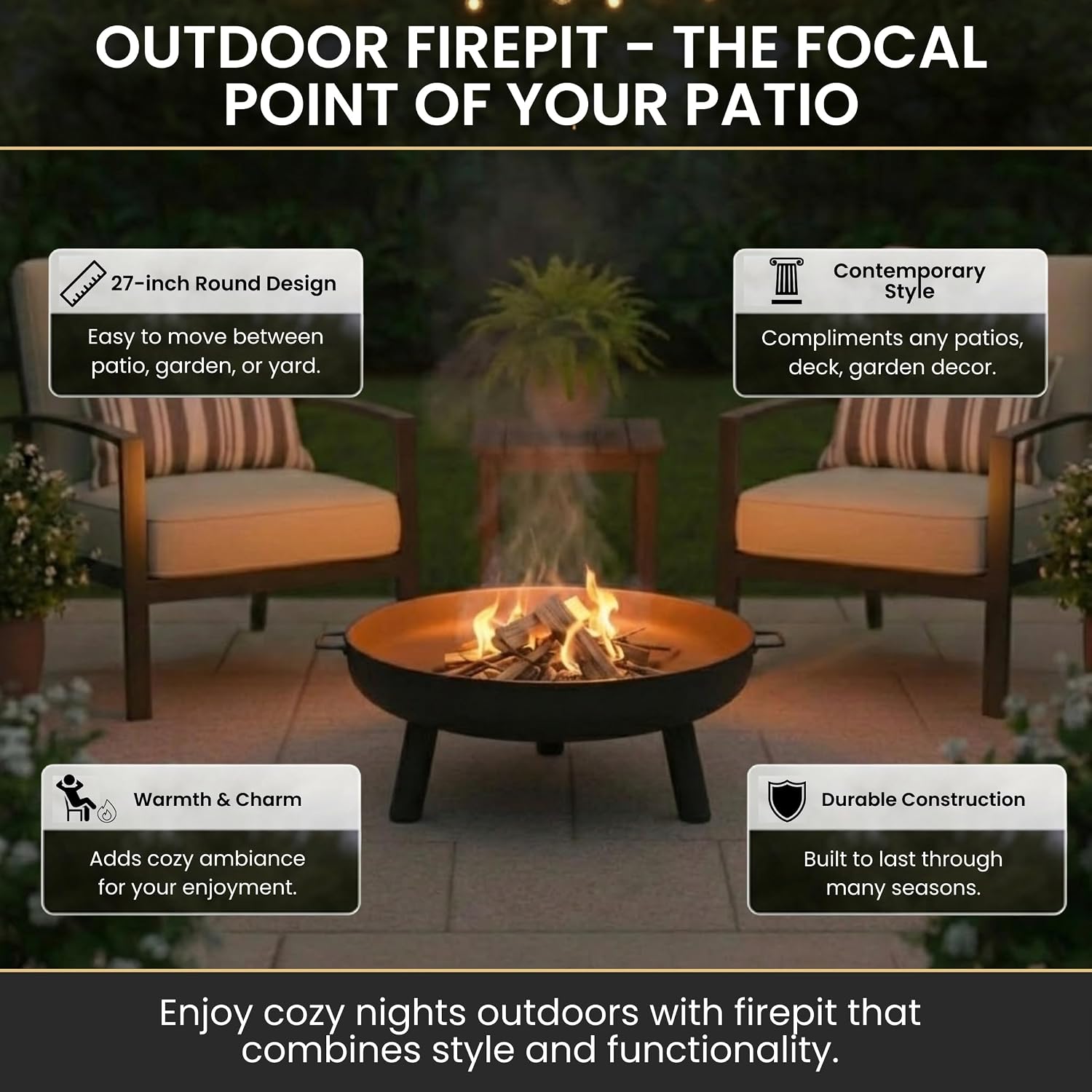Outdoor Fire Pit, Black, 27.5-Inch