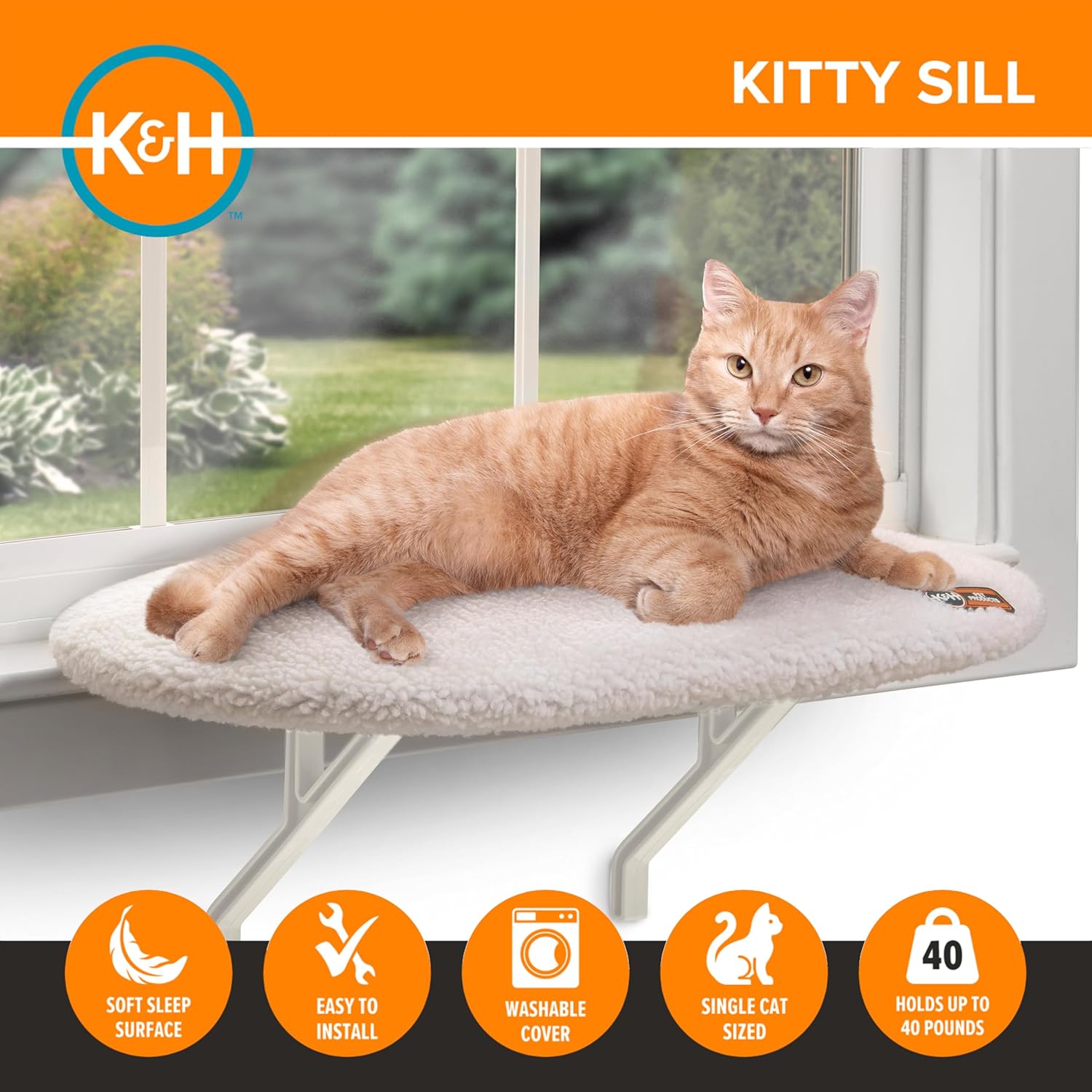 K&H Cat Window Perch Kitty Sill - Cat Window Hammock Bed with Strong Support Holds 40 lbs, Cushioned Windowsill Bed