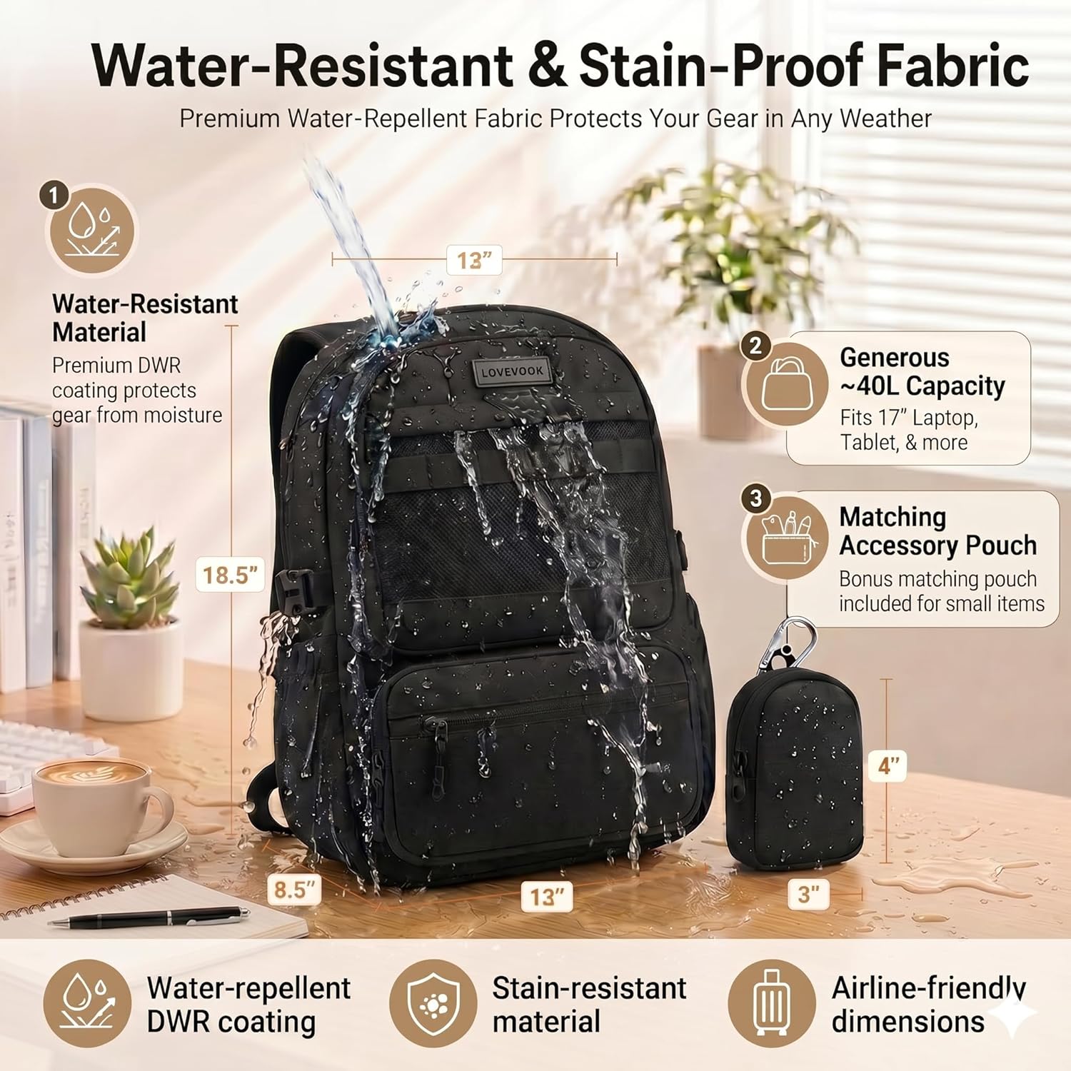 Waterproof Laptop Backpack, 17" Travel Daypack Compartments, Work College Travel Bag for Business Commute with Mini