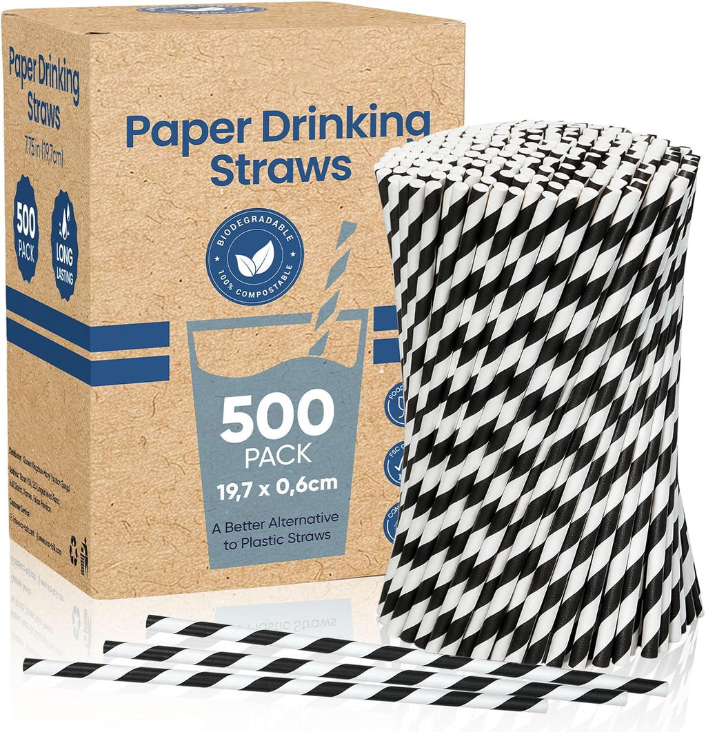 Black and White Paper Straws Disposable for Drinking 7.75'' 500ct
