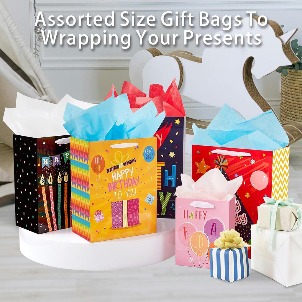 Birthday Gift Bags Assorted Size with Ribbon Handles and Tissue Paper