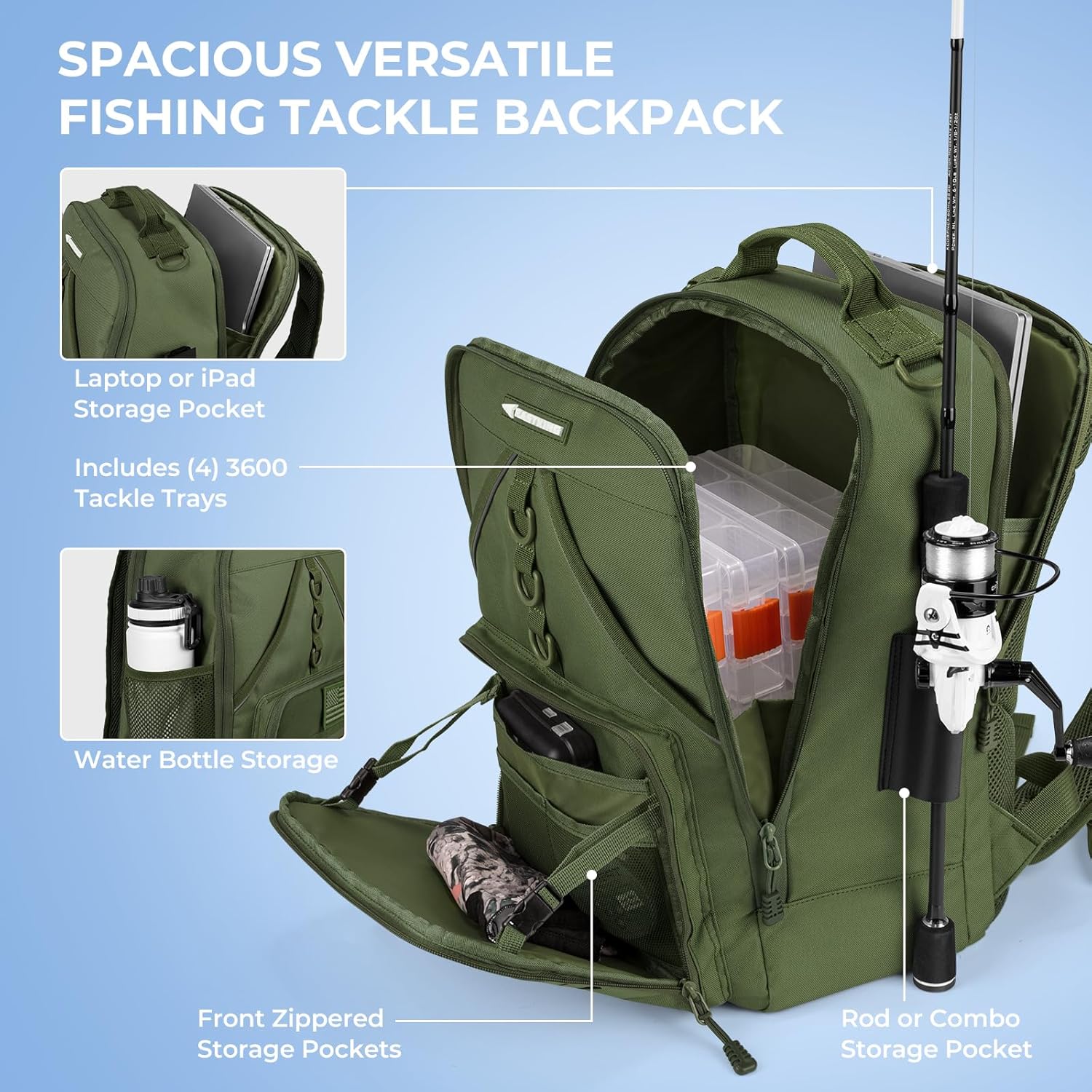 KarryAll Fishing Backpack with Rod Holder 4 Tackle Boxes, 40/26L | Tackle Bag Storage Fishing Gear and Equipment