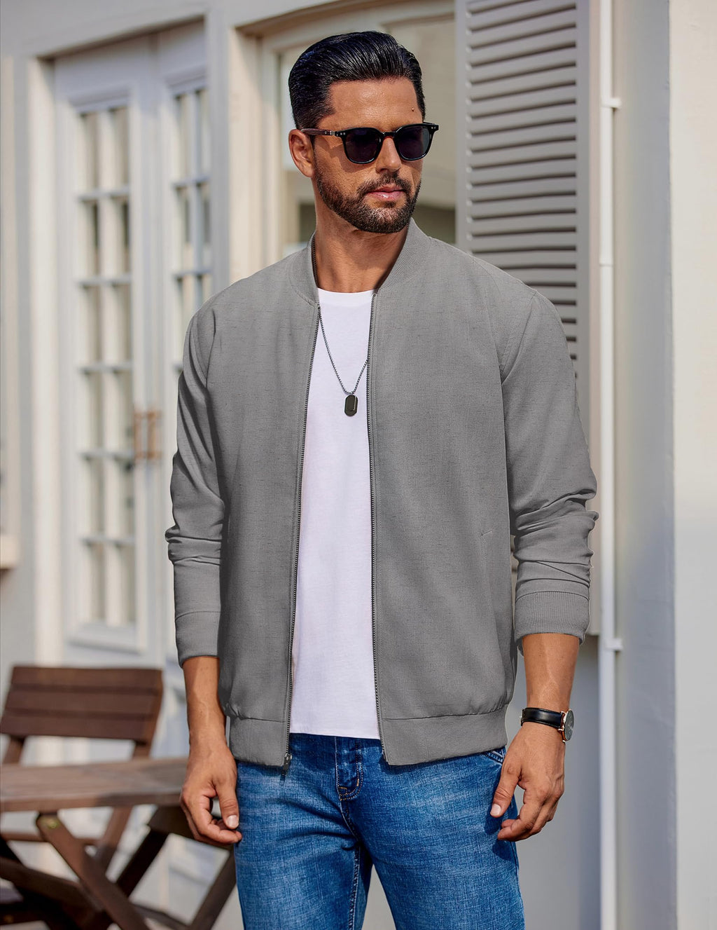 Mens Light Cotton Bomber Jacket Casual Flight, True Gray, Medium