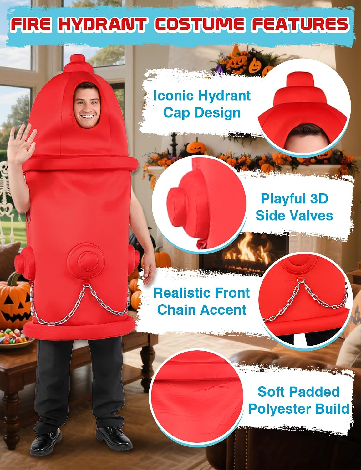 Fire Hydrant Costume Adult Tunic Funny Halloween Party Outfit Men Women | Red pullover onesie for couples DIY fireman