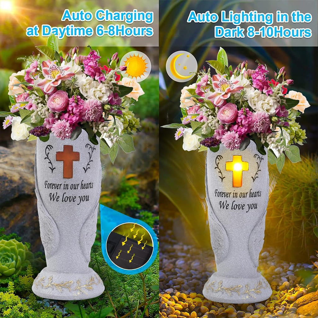 Cemetery Grave Flower Vase,Cometery Decorations for Grave,Angel Vases with Spike，Angel Wings and Cross Solar Light