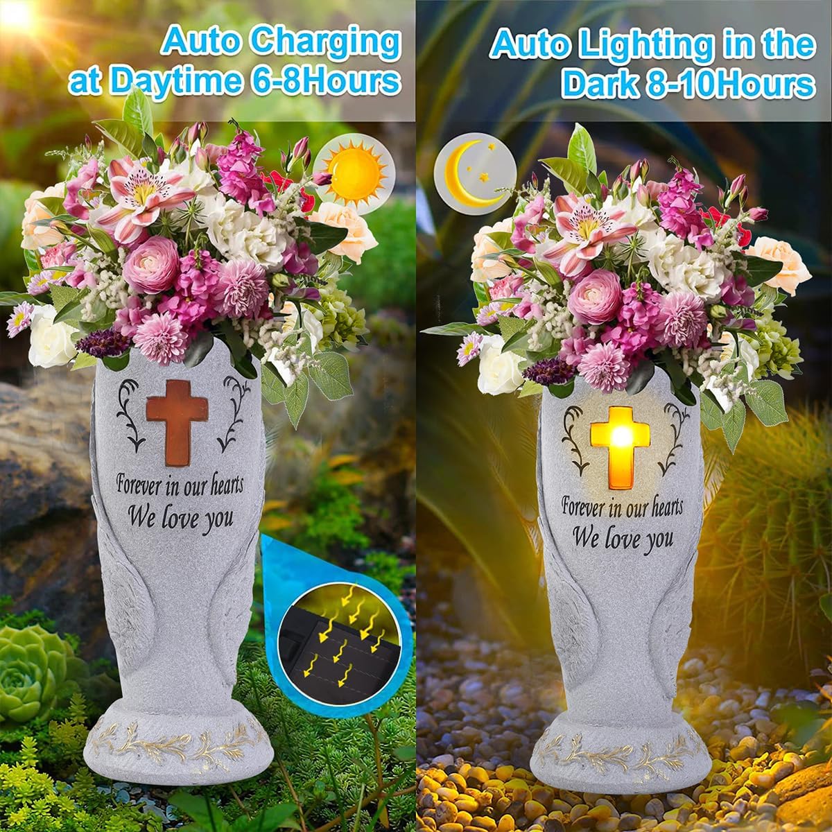 Cemetery Grave Flower Vase,Cometery Decorations for Grave,Angel Vases with Spike，Angel Wings and Cross Solar Light