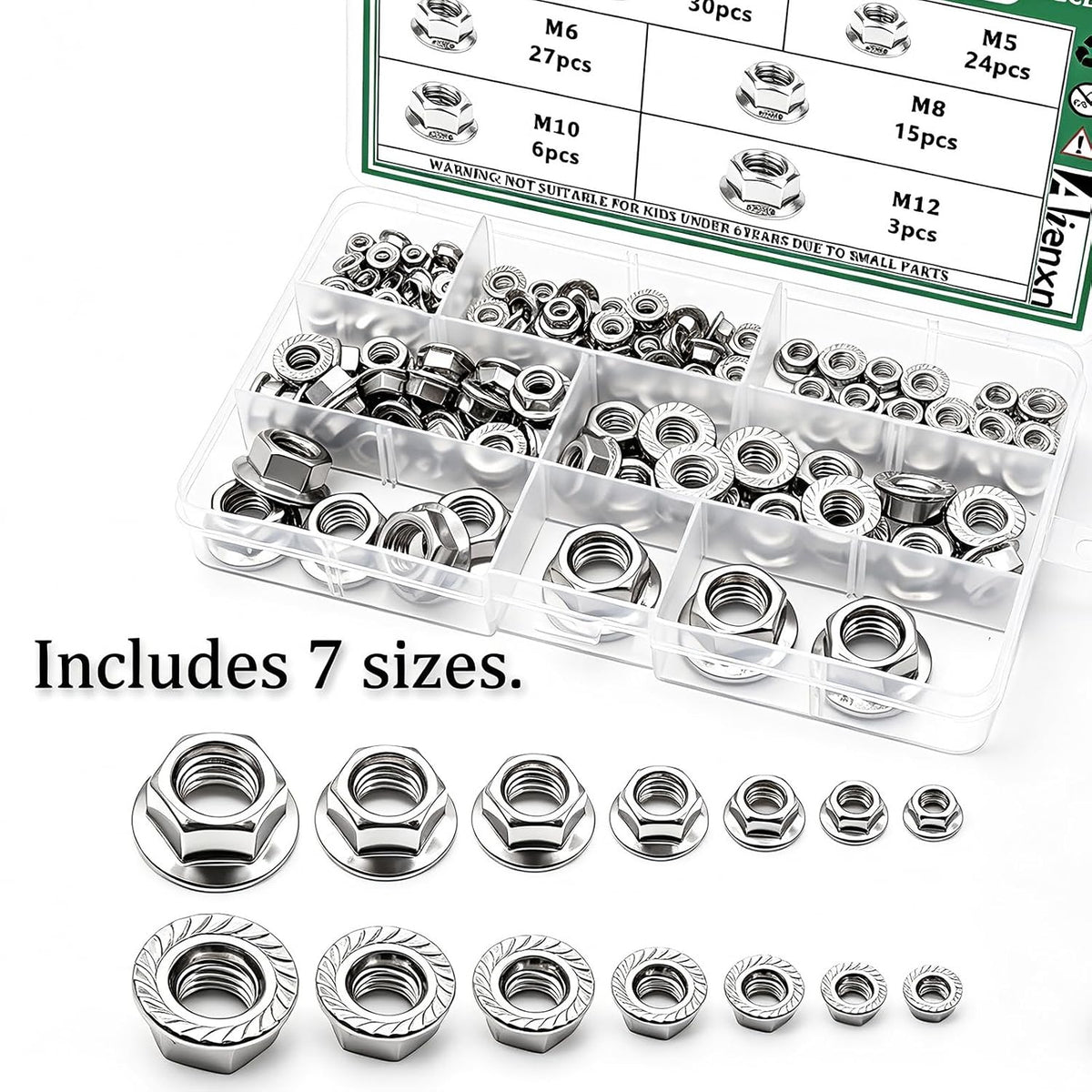 140PCS Hex Flange Nuts Assortment, 304 SS, 7 Metric Sizes M3-M12
