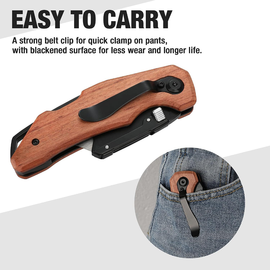 Folding Utility Knife with Stainless Steel Head, Quick-change Blade & Back Lock, Wood Handle Heavy Duty Box Cutter