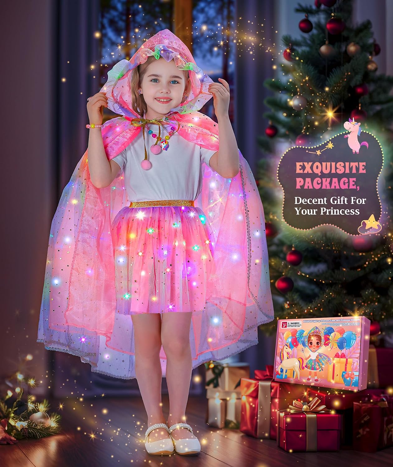 Princess Dress Up for Girls, Unicorn Light up Princess Cape Princess Dress | Costume Crown Gift for Girls 3 4 5 6 DOLNOW