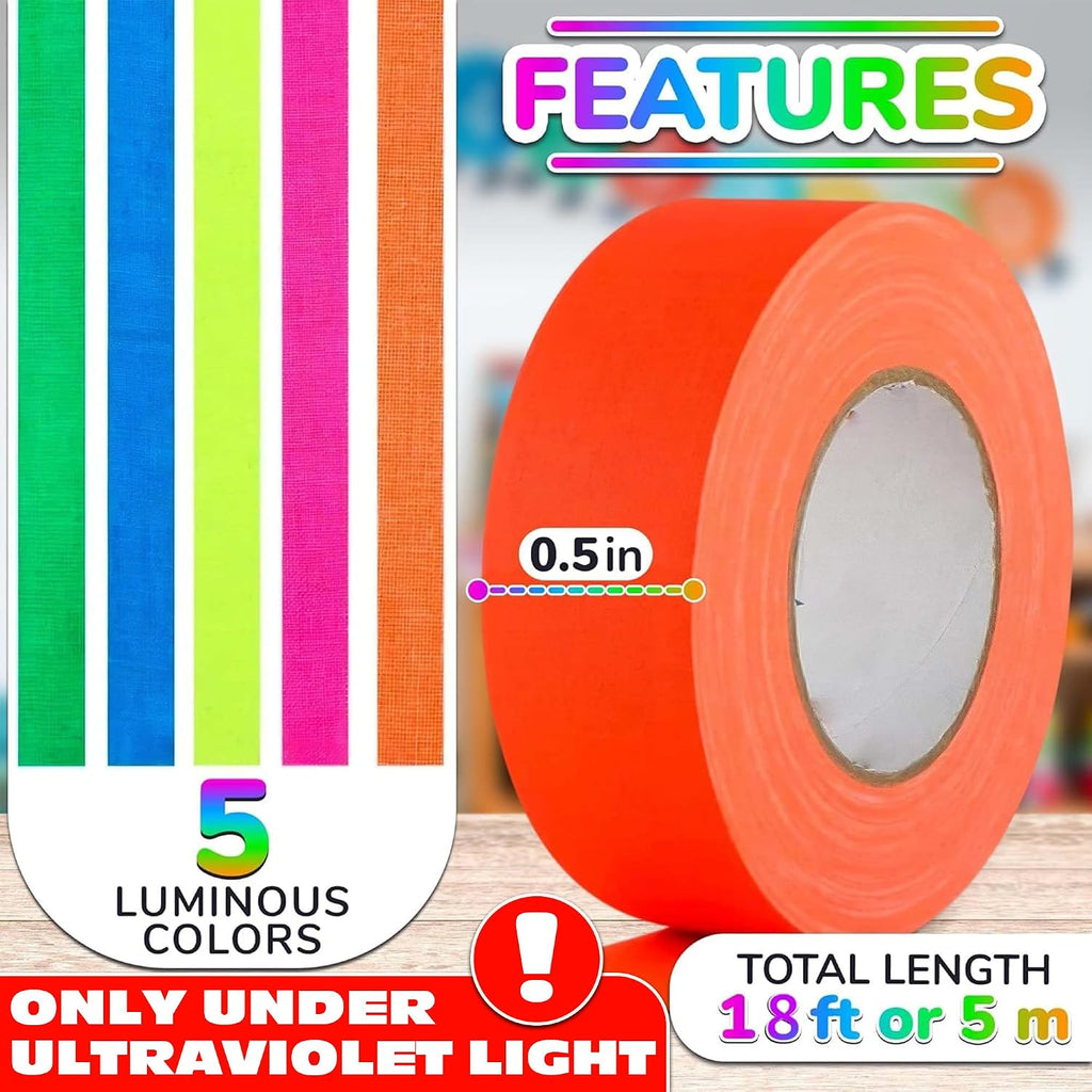 5 Pcs Neon Duct Tape Bright Colors, 18 ft x 0.5 in, Tape Rolls