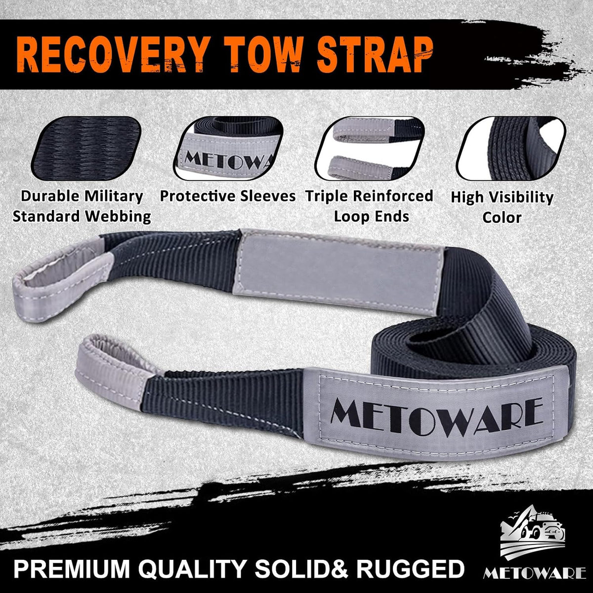 Recovery Tow Strap Kit 3" x 20ft 35000 lbs Break Strength (Gray)