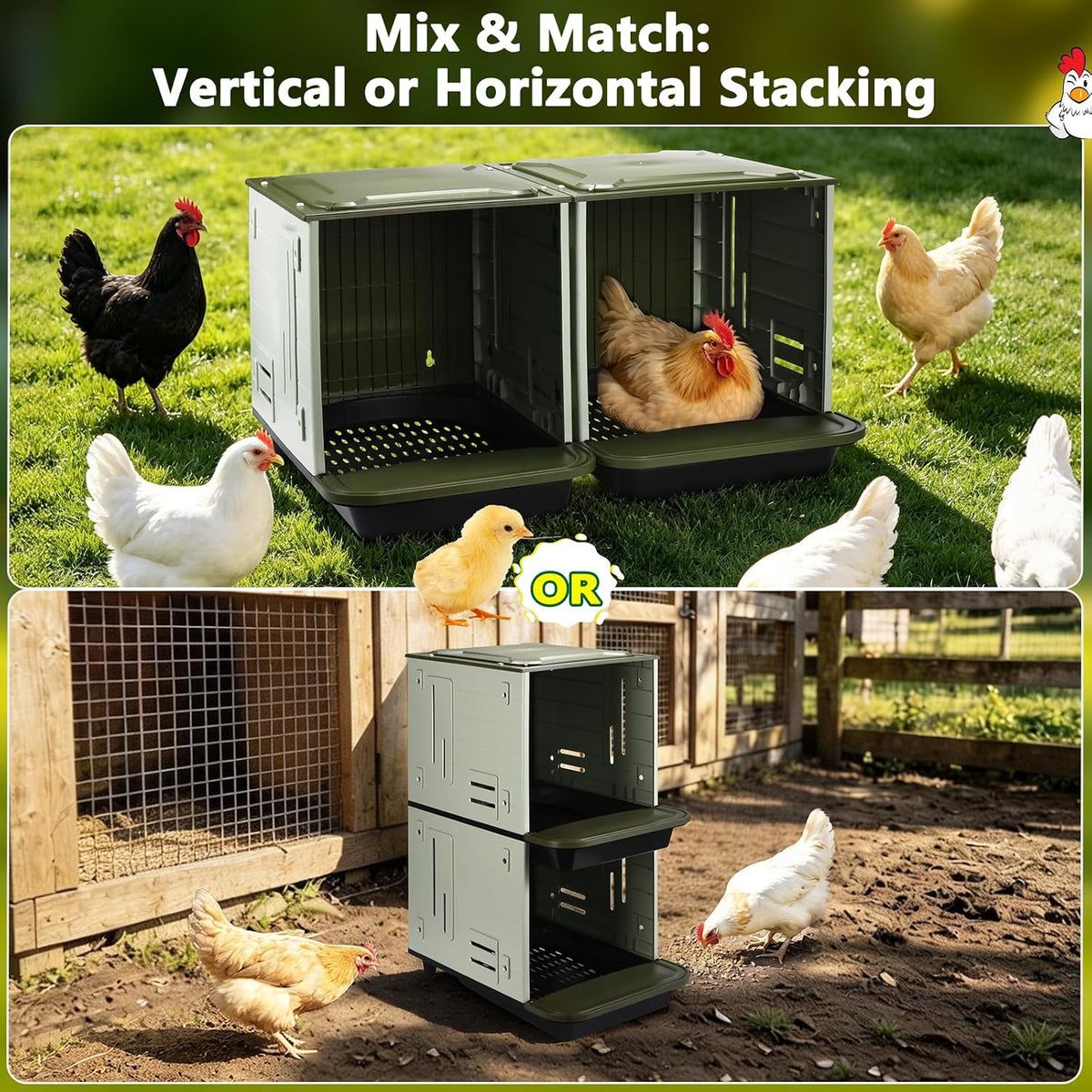 Roll Away Nesting Boxes for Chickens, 2 Compartment Chicken Nesting Box, Egg Collection Chicken Coop Nest Box (Large)