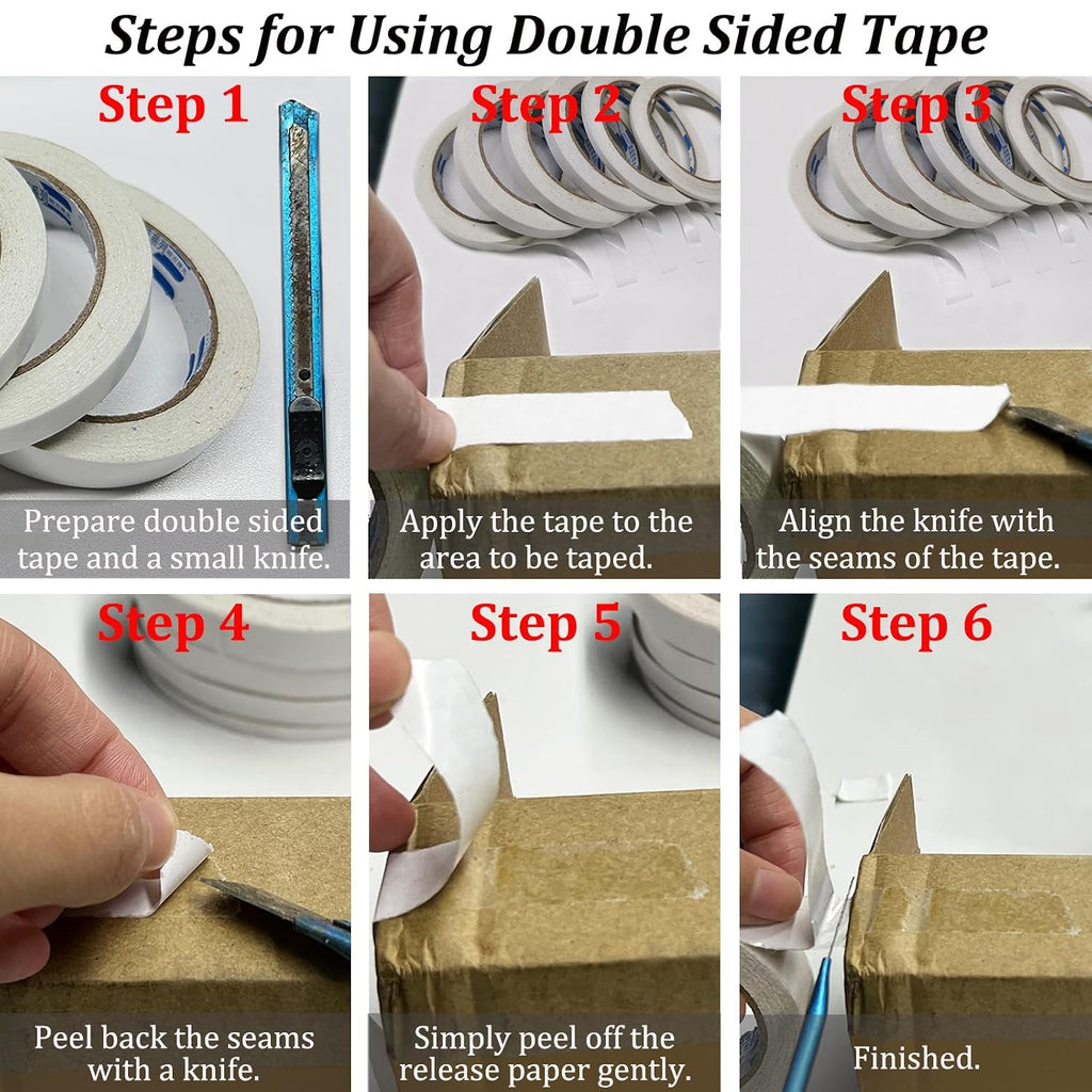 Double Sided Tape for Crafts, 6 Rolls Multi-Size Double-Sided Adhesive Tape for Arts, Photography, Gift Box