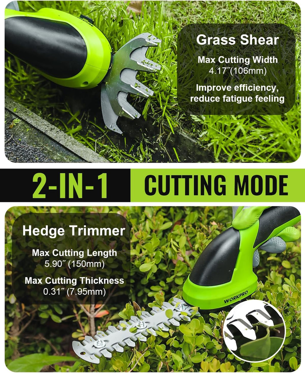 7.2V Cordless Grass Shear & Shrubbery Trimmer | 5.9" Shrub Trimmer & 4.2" Grass Shear, 2.0Ah Rechargeable Lithium-Ion