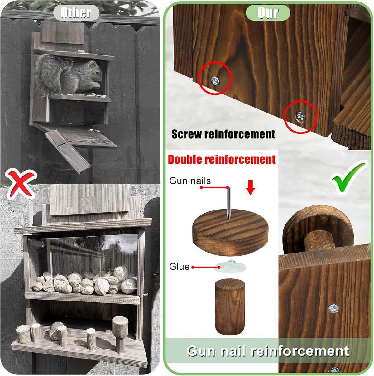 Carbonized Squirrel Feeder, Large Squirrel Feeders for Outside Funny Squrrill Nuts Bar, Durable Wooden Chipmunk House