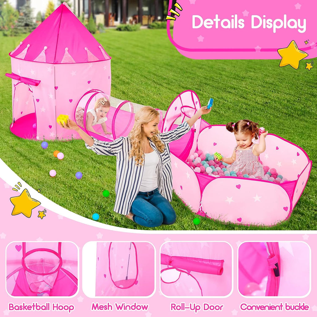 3pc Kids Play Tent for Girls with Ball Pit, Crawl Tunnel, Princess Tents for Toddlers, Baby Space World Playhouse