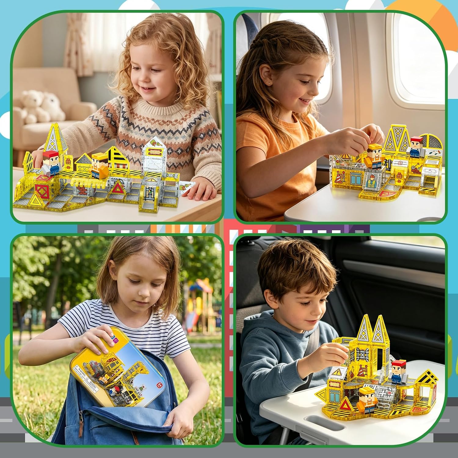 100PCS Magnetic Tiles-Engineering Theme, Mini Magnet Building Tiles, STEM Educational 3D Blocks with 2 Figures