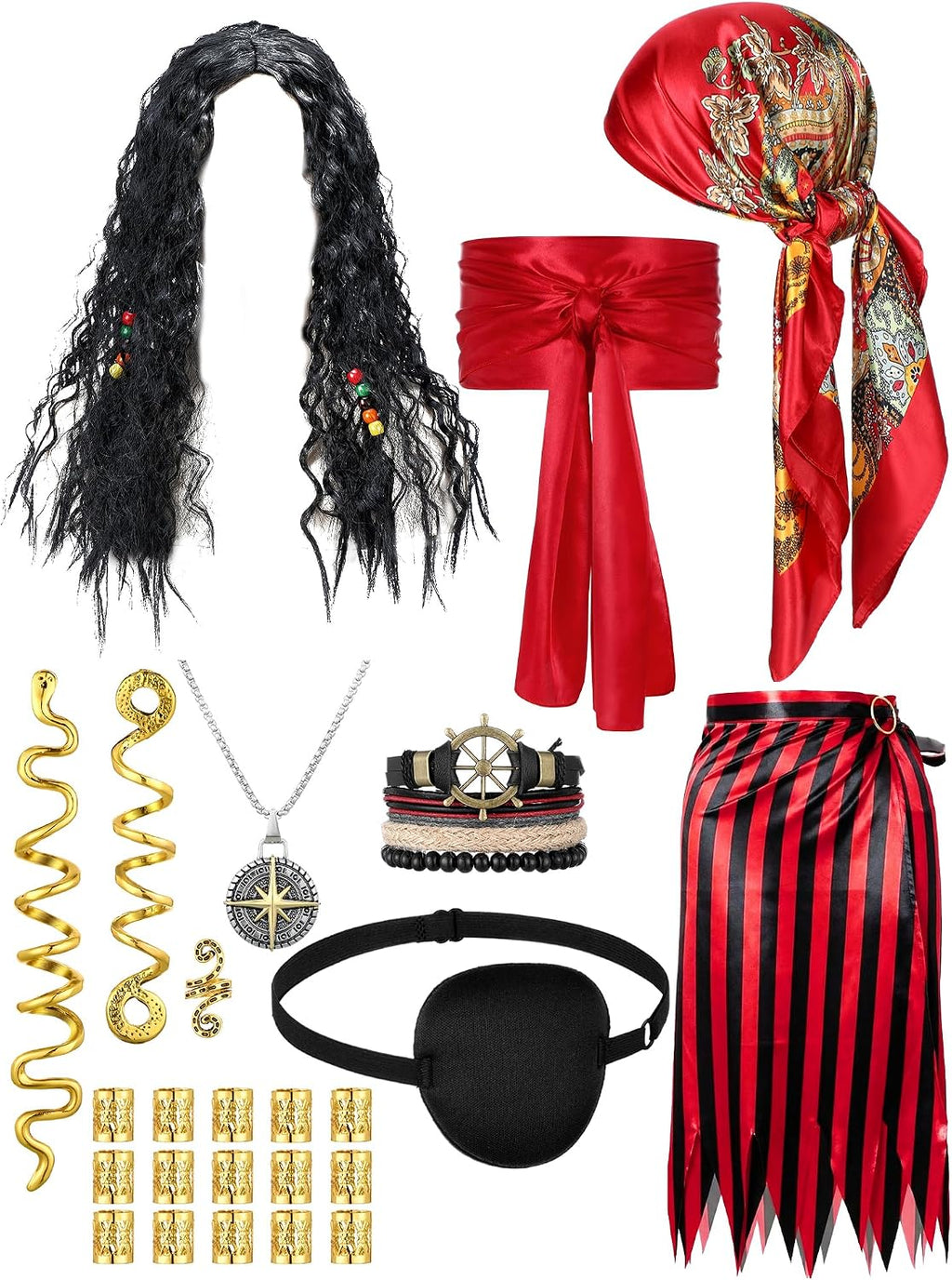 25 Pcs Pirate Costume Accessories Women Pirate Wig with Hair Net Hat Sash Belt Striped Skirt Eye Mask Snake Hair