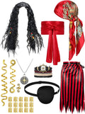 25 Pcs Pirate Costume Accessories Women Pirate Wig with Hair Net Hat Sash Belt Striped Skirt Eye Mask Snake Hair