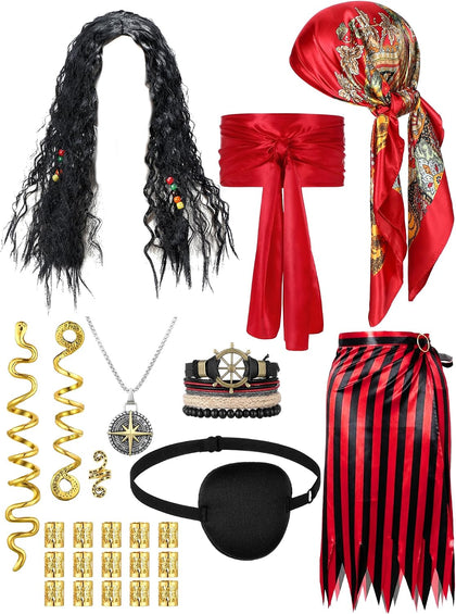 25 Pcs Pirate Costume Accessories Women Pirate Wig with Hair Net Hat Sash Belt Striped Skirt Eye Mask Snake Hair